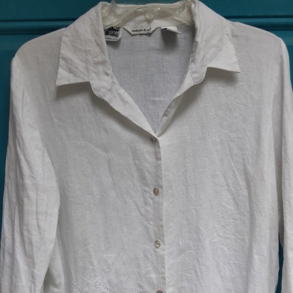 Linen Shirt Vintage White Button Down Blouse Irish Linen Embroidered Accent - Picture 9 of 16